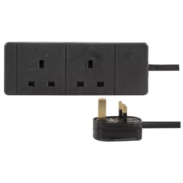 2 Gang Way 2m Metre 13A Mains Power Extension Socket Lead Cable Black