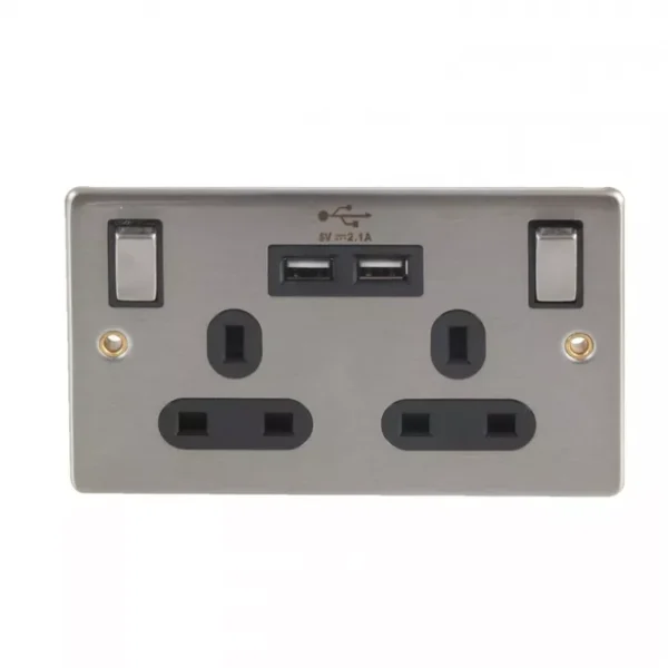 13A Double 2 Gang Wall Faceplate Switched Socket with 2x USB Charger Ports