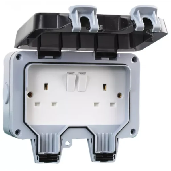 Outdoor 2 Gang Mains 13A Double Switched Socket IP66 Weatherproof with Hinged Cover