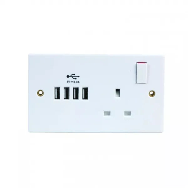 Switched Socket with 4x USB Charger Ports Outlets 2.4A, White